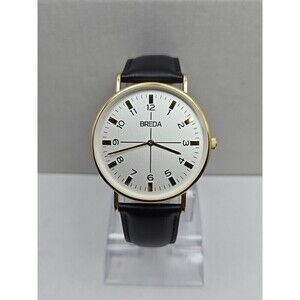 Breda Gold White Dial Quartz Unisex Watch Black Leather Strap New Battery Dallas
